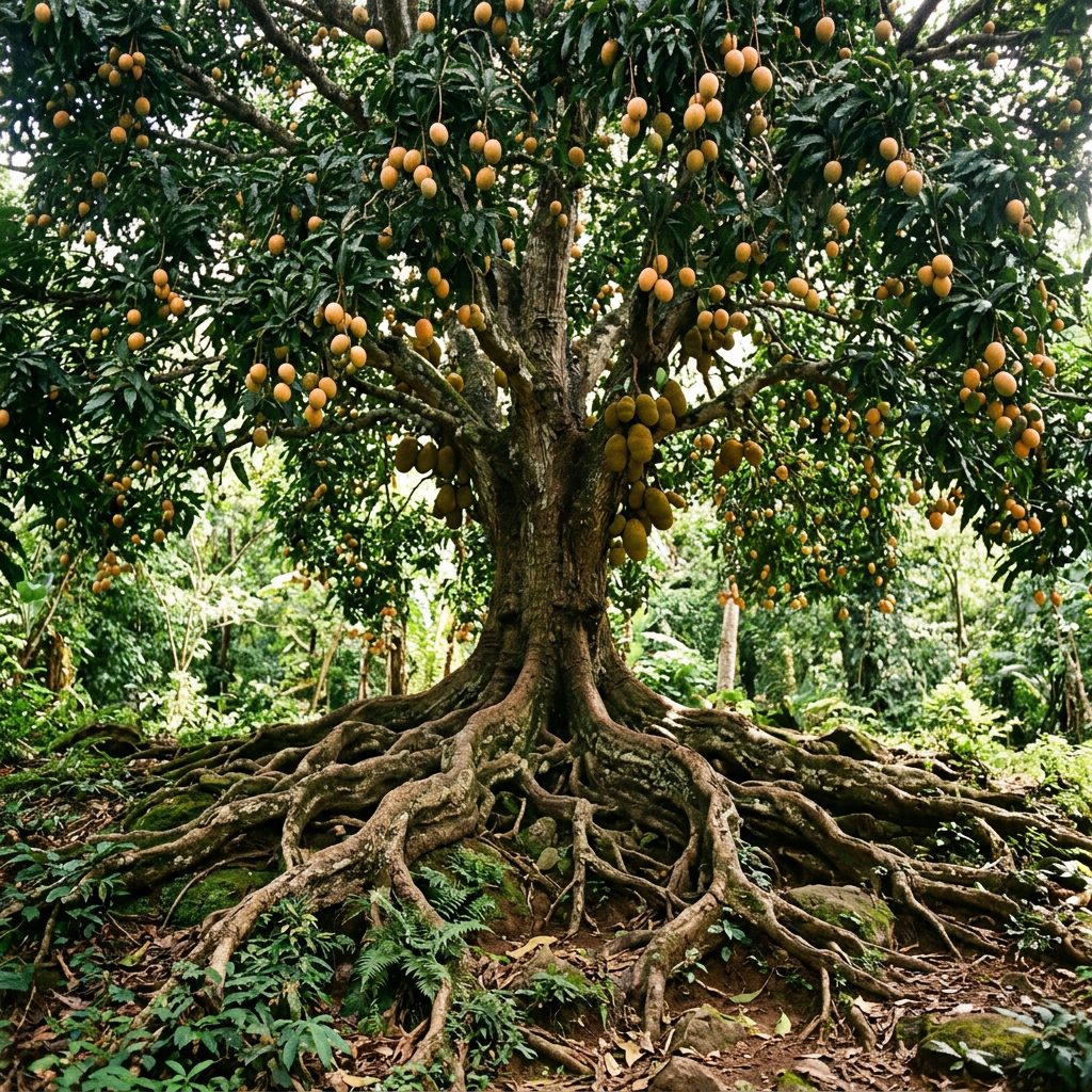 Mango tree with large exposed roots and many ripe mangoes hanging from branches