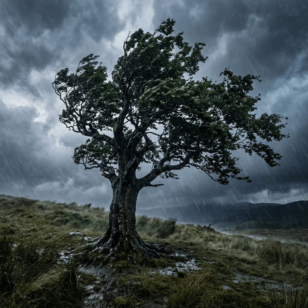 Firm tree standing strong during storm