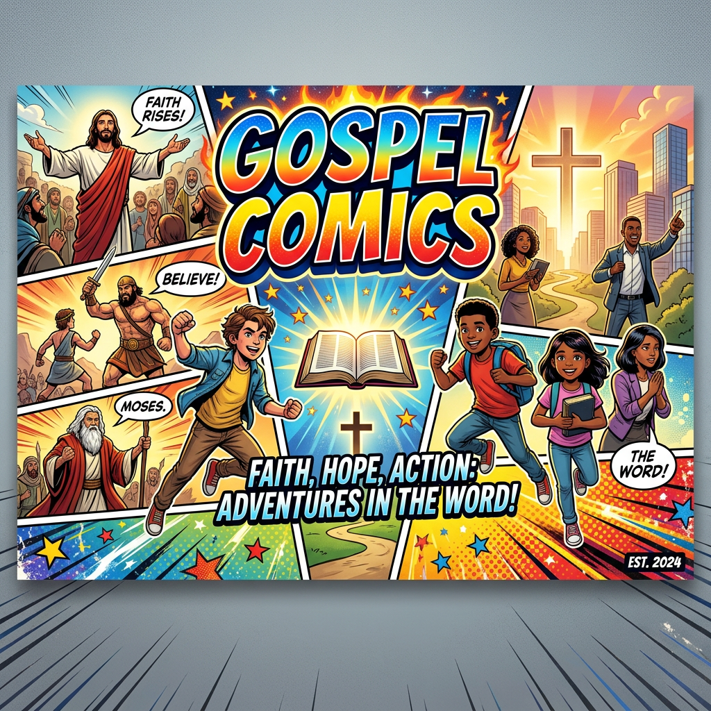 Comic poster reading GOSPEL COMICS; FAITH RISES!; BELIEVE!; MOSES.; THE WORD!; FAITH, HOPE, ACTION! ADVENTURES IN THE WORD!; EST. 2024