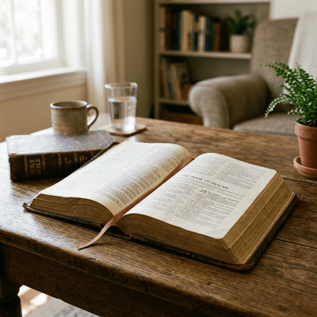 Open Bible showing the Book of Psalms on a wooden table